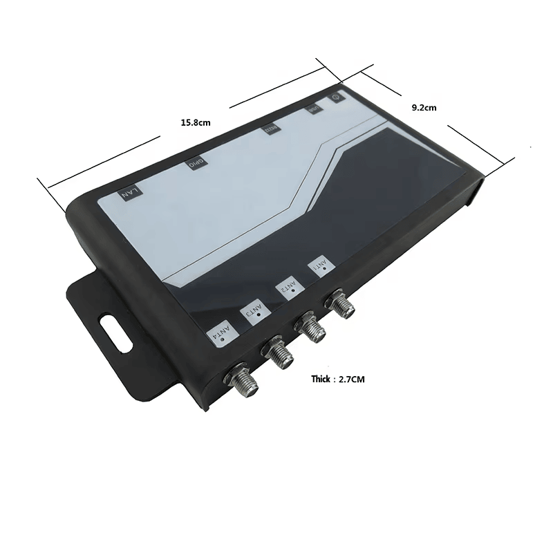 Diagrama dimensional do leitor UHF fixo ZK-RFID403, indicando comprimento, largura e espessura da estrutura.