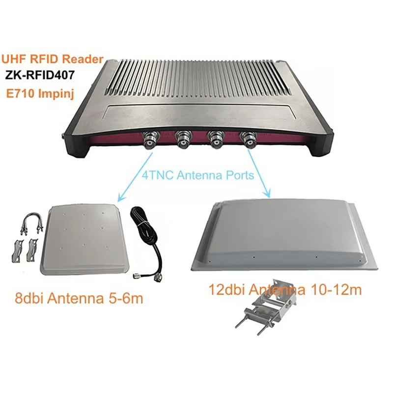 Gráfico comparativo mostrando um leitor RFID UHF identificado como ZK-RFID407, equipado com 4 portas de antena TNC.