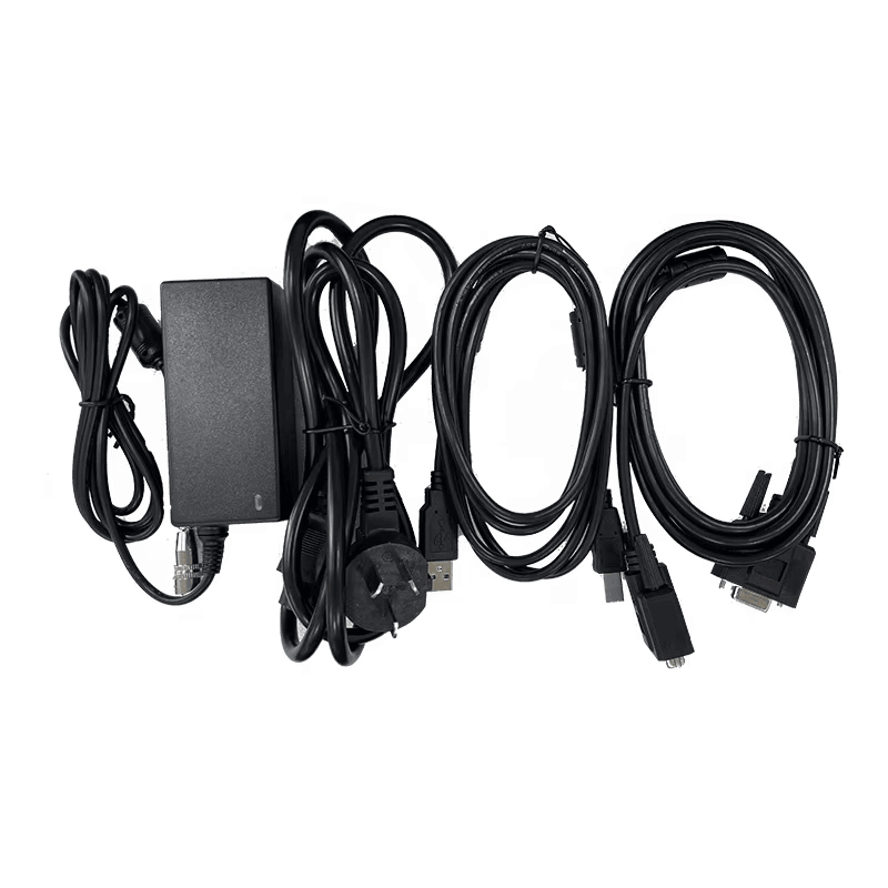 O kit de acessórios do ZK-RFID406 inclui um adaptador de alimentação e vários cabos pretos de conexão para configuração do sistema
