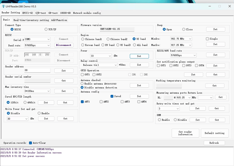 Captura de tela do software UHFReader288 Demo, com configurações do leitor, controles de inventário e opções de antena.