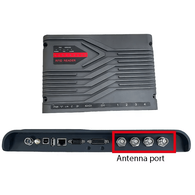 Uma composição de produtos mostra o leitor ZK-RFID406 e um close que destaca suas quatro portas de conexão de antena.