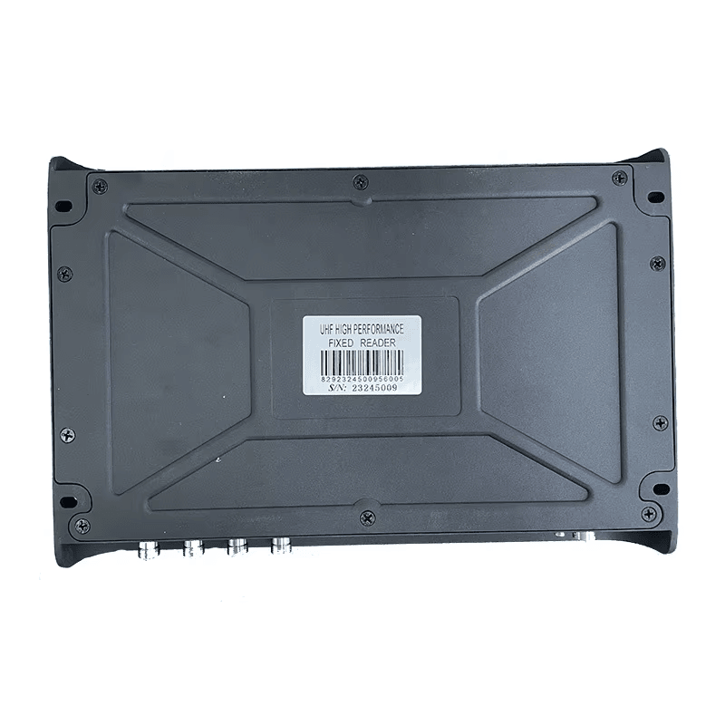 Uma vista inferior mostra o leitor fixo ZK-RFID406 com etiqueta de código de barras; parafusos de montagem e a borda do lado dos conectores.