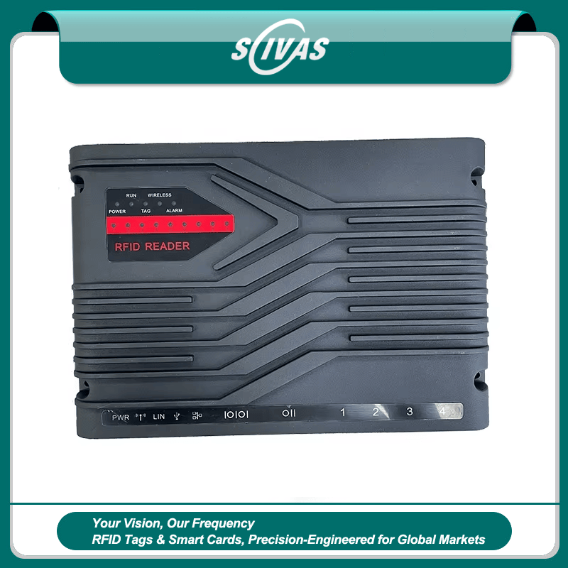 O leitor fixo UHF ZK-RFID406 é mostrado em uma imagem principal com a marca e carcaça preta e quatro canais de antena identificados.