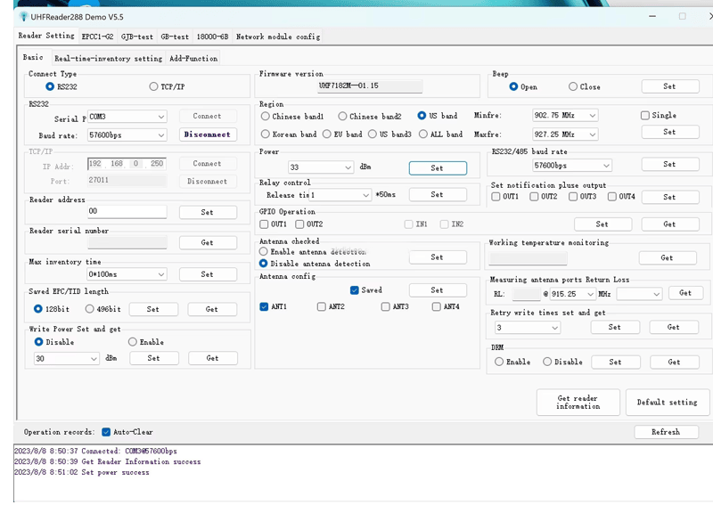 Captura de tela da interface de demonstração UHFReader288 para configurar o leitor, os parâmetros de rede, a potência e as opções de antena.
