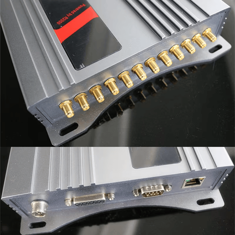 Esta imagem mostra uma vista próxima do leitor fixo UHF ZK-RFID1201, com a fileira de portas de antena na parte superior e o lado das interfaces abaixo.