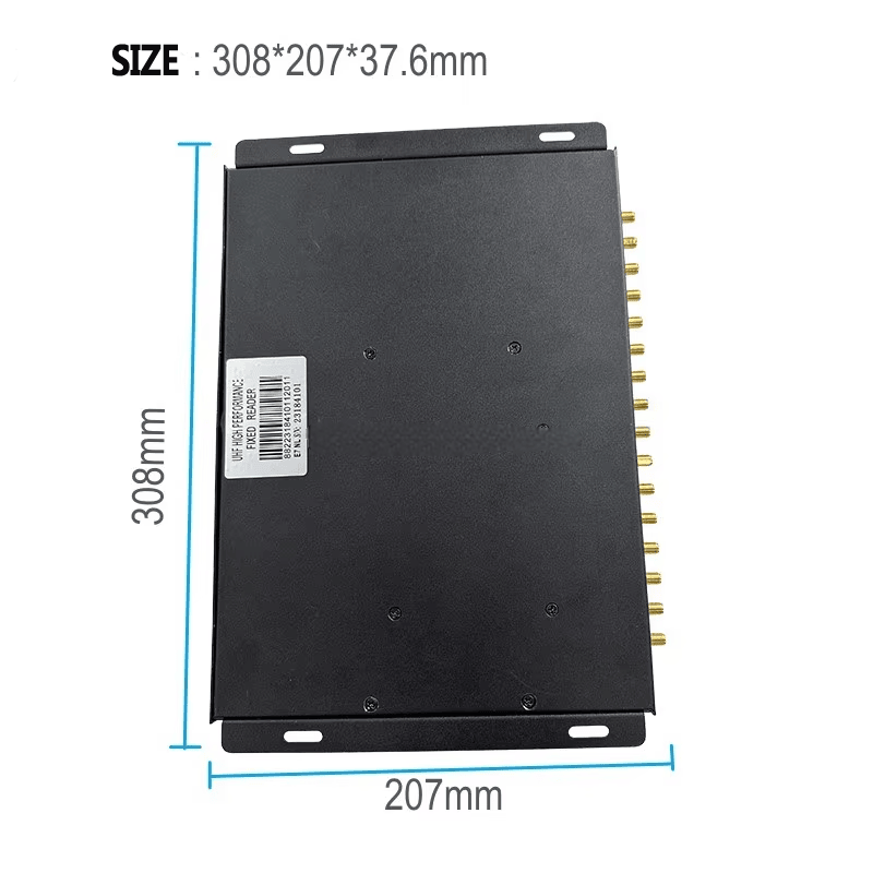 Leitor UHF fixo ZK-RFID1601 com marcações de tamanho em azul e dimensões de 308 por 207 por 37,6 mm.