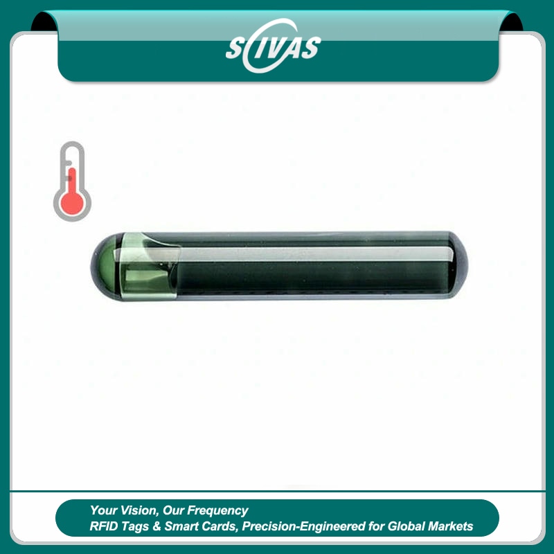 Microchip RFID veterinário de biovidro com ícone de temperatura apresentado como tag de identificação implantável projetada para monitoramento veterinário.