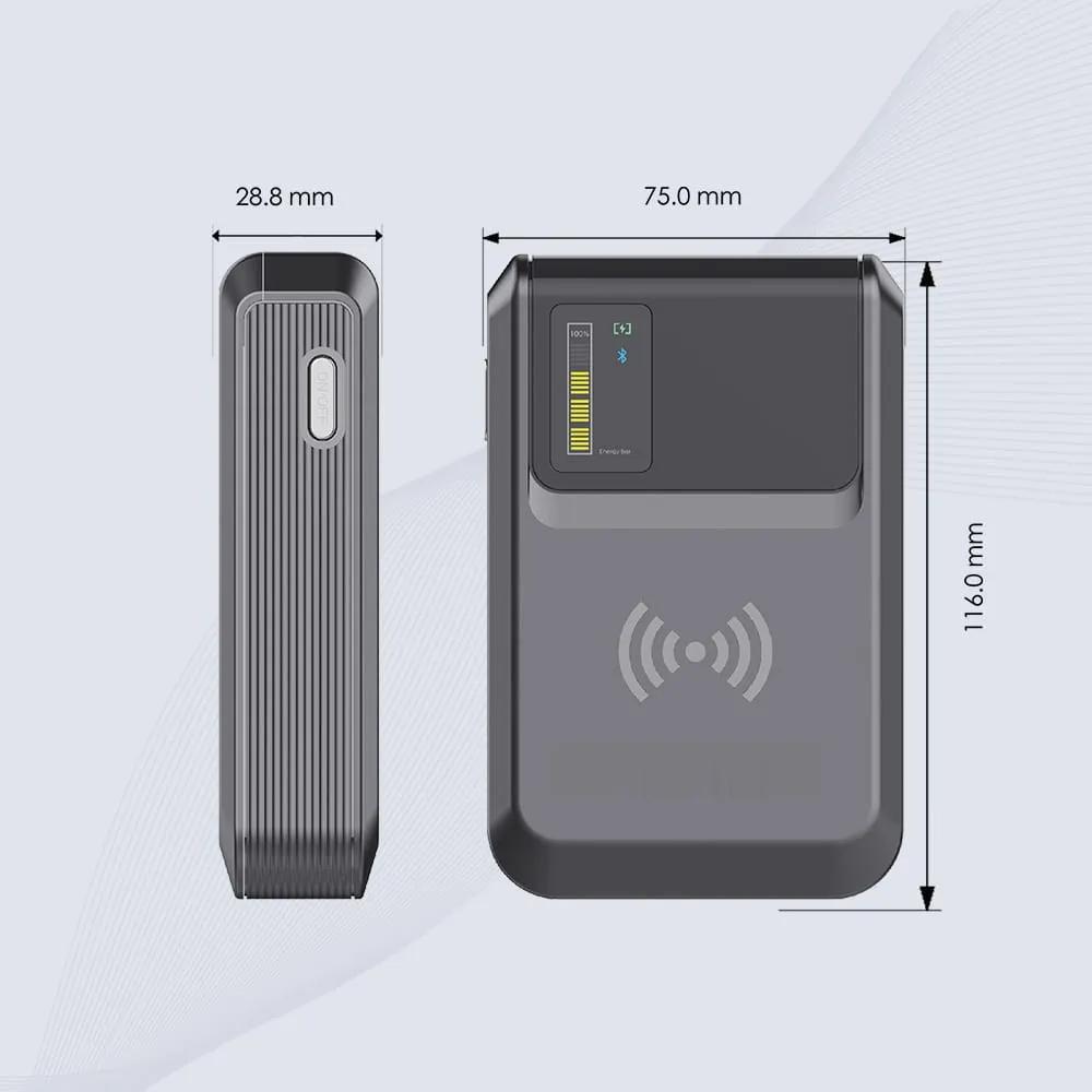 O leitor RFID portátil CK-R10 para iPhone é apresentado com um diagrama dimensional que mostra os perfis frontal e lateral e o tamanho compacto da estrutura.