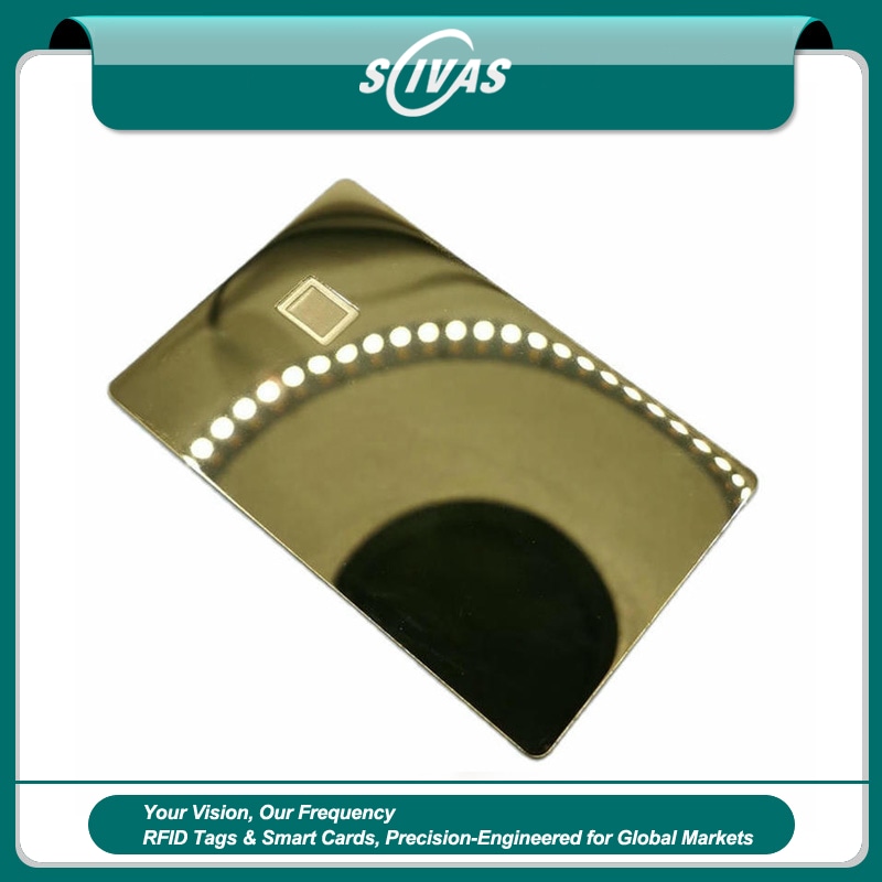 Imagem nítida de Cartões NFC de Metal Escovado para ID e Networking destacando acabamento em metal escovado para aplicações de Cartões IC metálicos com contato.