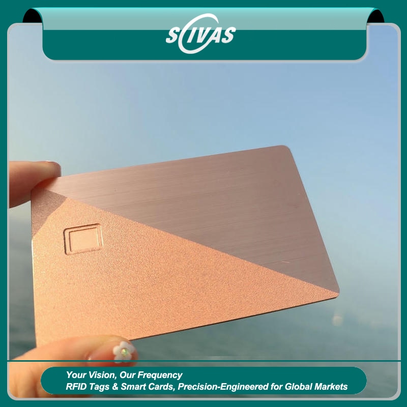 Imagem nítida de Cartões Metálicos IC com Contato Personalizados destacando corpo metálico durável para aplicações de Cartões IC metálicos com contato.