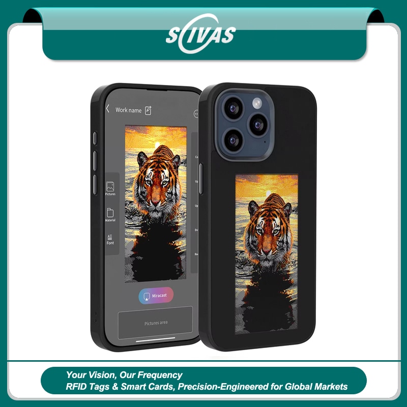 Imagem principal mostra uma capa de celular NFC com painel de tela E Ink exibindo uma arte na parte traseira.