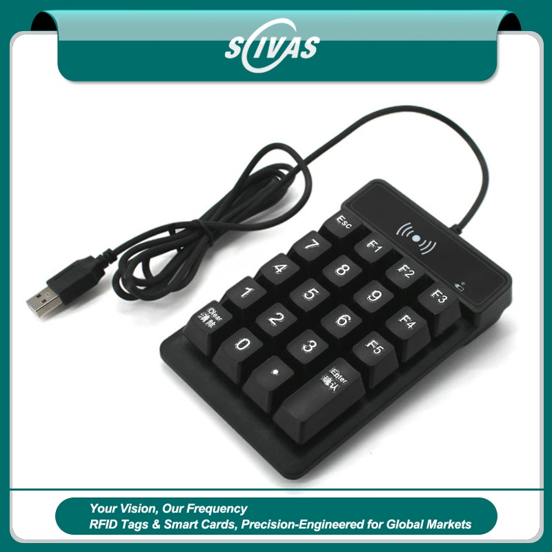 A imagem mostra o leitor RFID HF de 13.56MHz R98C em formato de teclado numérico; com cabo USB para entrada no estilo de controle de acesso seguro.
