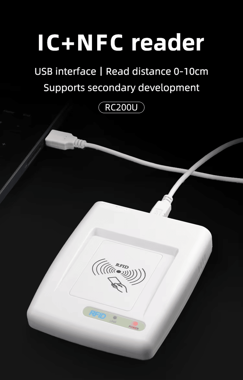 Pôster do leitor RC200U IC e NFC com interface USB e curta distância de leitura para operações diárias com cartões.