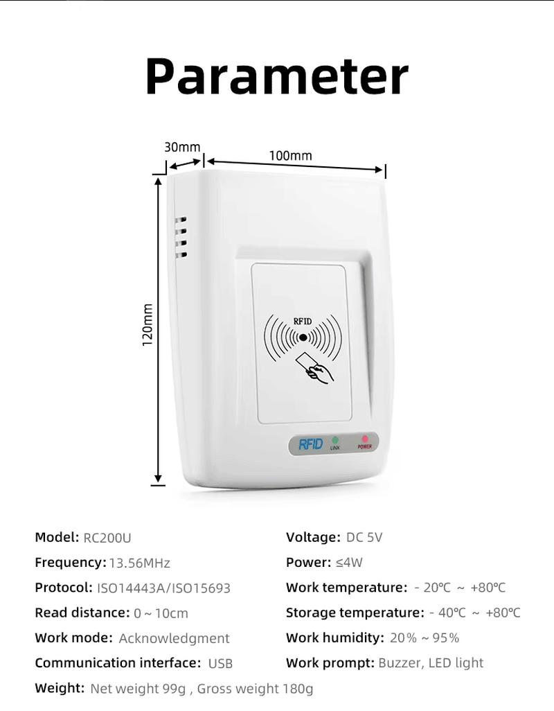 Tabela de parâmetros do leitor RFID HF RC200U com dimensões e especificações como interface USB frequência 13.56MHz e potência.