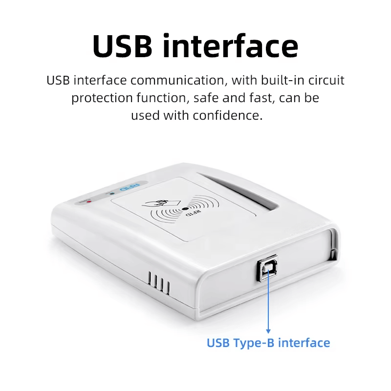 Esta imagem destaca a porta USB Type B na lateral do leitor RFID HF RC200U para conexão com fio estável a um computador host.