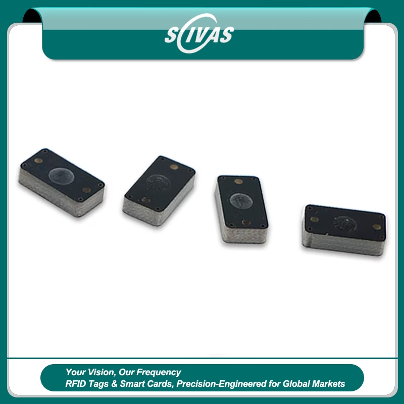 Imagem mostrando etiquetas RFID PCB para superfícies metálicas P1307-1 para inventário industrial e rastreamento de equipamentos em superfícies metálicas.