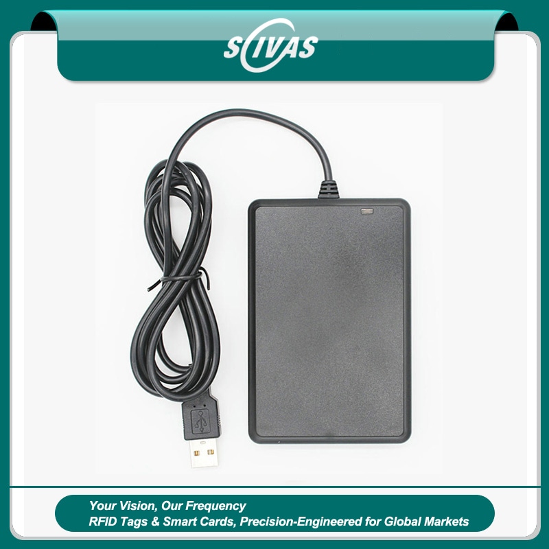 Vista frontal do leitor RFID LF de 125KHz R30D mostrando a elegante carcaça preta de ABS desenvolvida para uso em mesa