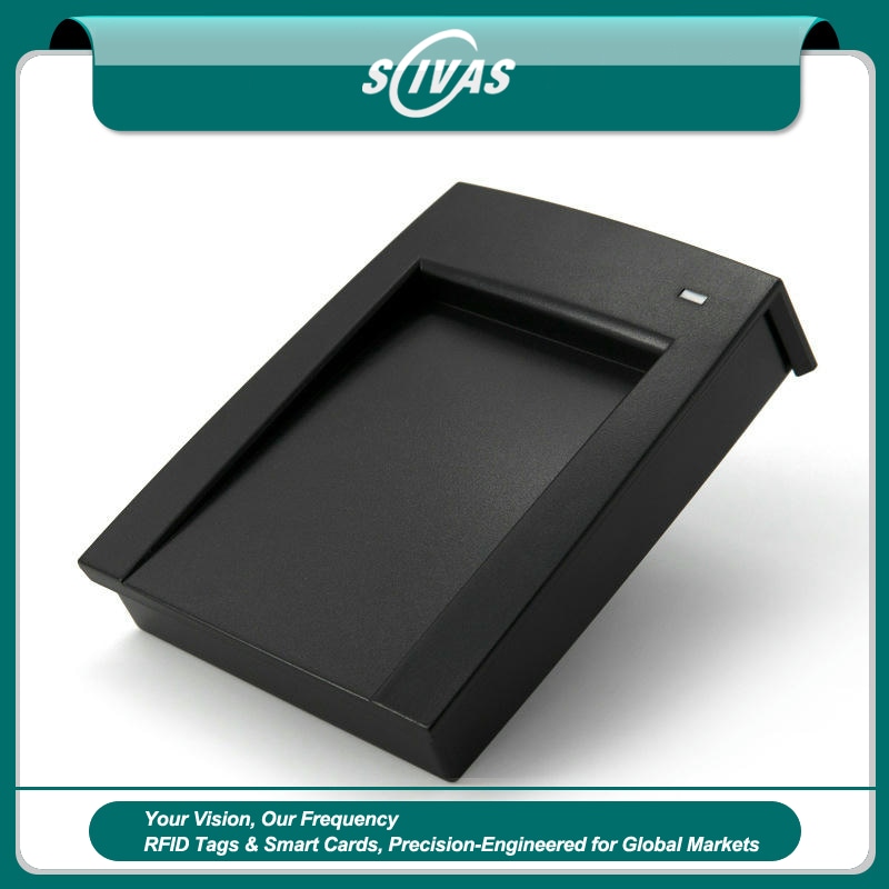 O leitor RFID de mesa preto modelo R10D possui design compacto para controle de acesso profissional e verificação de ID.