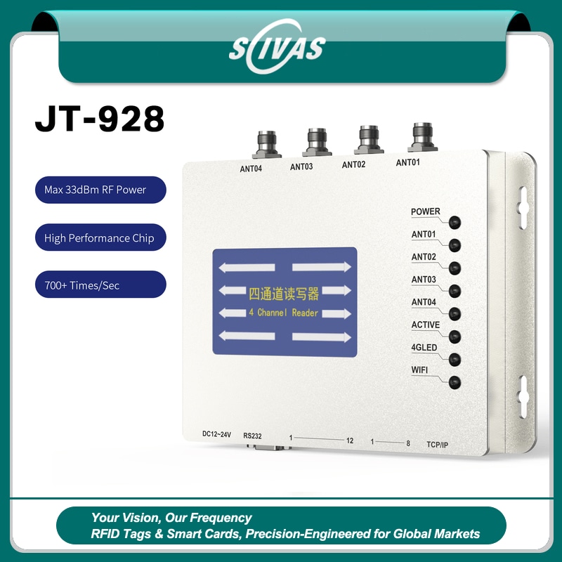 Esta imagem mostra o leitor fixo JT-928 UHF RFID em um layout com a marca SCIVAS; com quatro portas de antena e indicadores de status frontais.