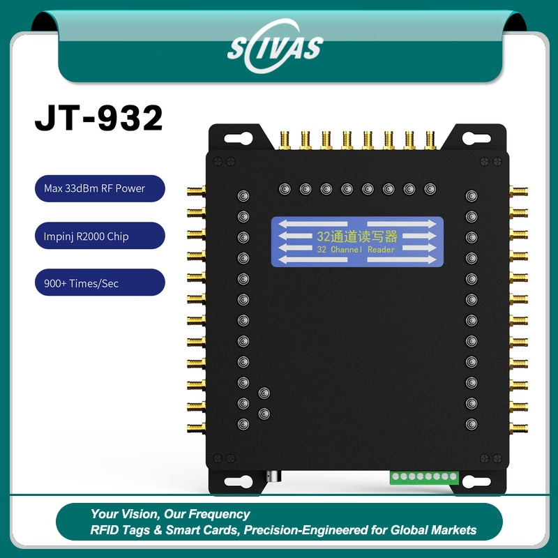 Esta imagem mostra o leitor fixo JT-932 UHF RFID em um layout com a marca SCIVAS; com várias portas de antena ao redor do invólucro.