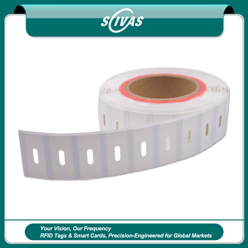 Uma tag RFID UHF flexível para metal longa e estreita branca modelo F4508-1 projetada para rastrear contêineres metálicos.