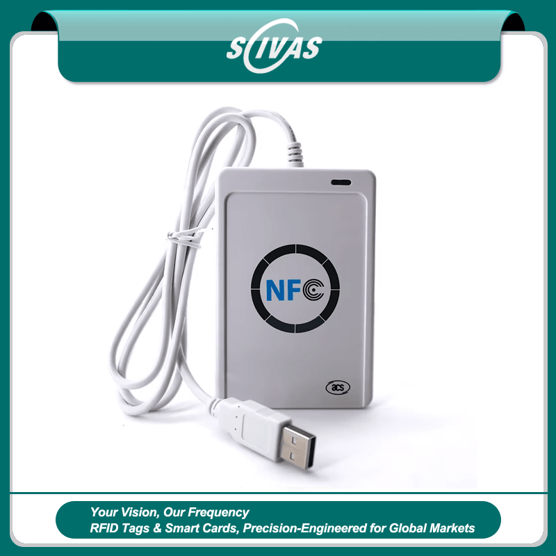 Esta imagem mostra o leitor RFID HF ACR122U 13.56MHz com cabo USB conectado e cabeçalho da marca para identificação do produto