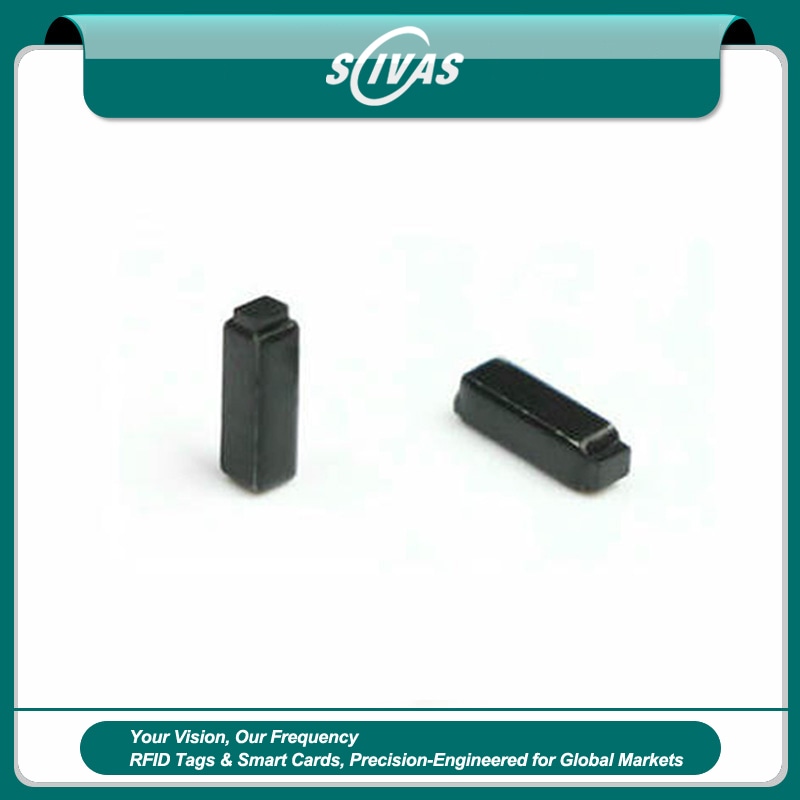 Uma tag RFID UHF cerâmica mini C0602-1 retangular preta foi projetada para rastreamento seguro de ativos de TI e ferramentas pequenas.
