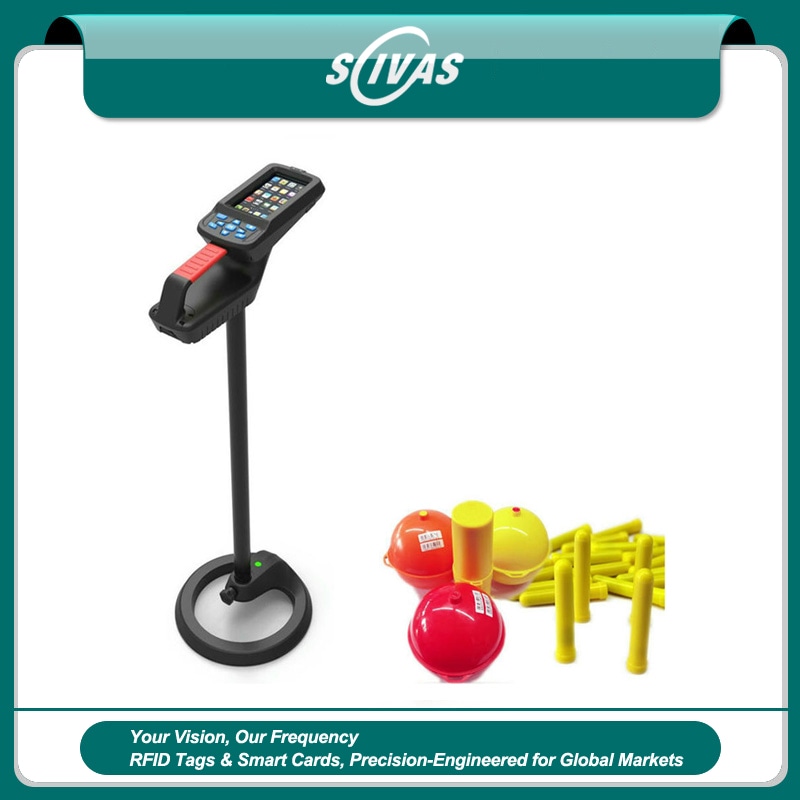 O localizador RFID subterrâneo CK-GTR680 é mostrado com marcadores enterrados coloridos para identificação de linhas de serviços públicos e detecção em campo.