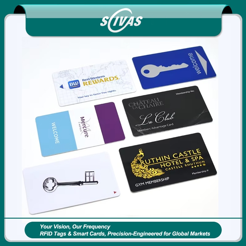 Imagem de Cartões-chave RFID personalizados para hotel com vista frontal para compradores que comparam soluções de Cartões plásticos.
