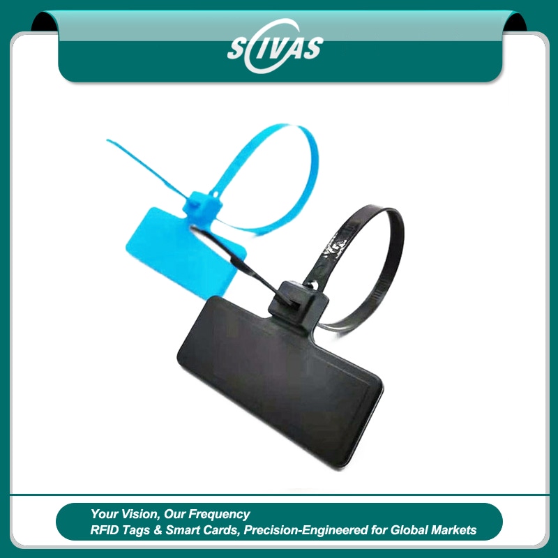 Banner da SCIVAS mostra tags RFID tipo abraçadeira Z28575-1 em azul e preto com tiras de nylon em formato de laço sobre fundo branco.