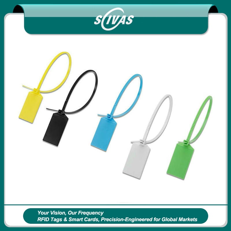 Imagem principal das tags RFID com lacre tipo enforca-gato modelo Z32827-1 em cinco cores usadas como etiquetas de ativos resistentes às intempéries sobre fundo branco.