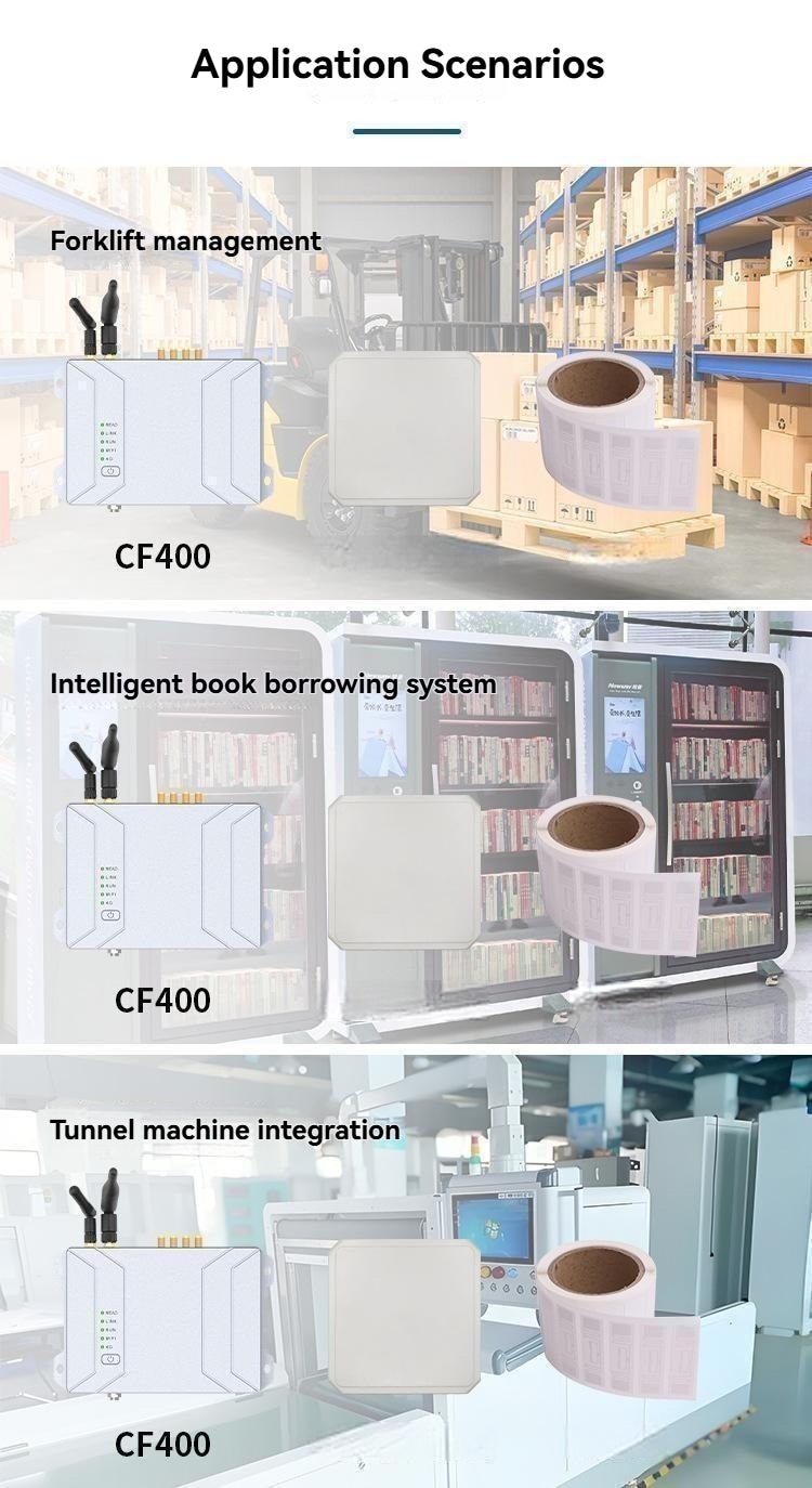 Cenários de aplicação do leitor fixo RFID UHF CF400 em gestão de empilhadeiras, empréstimo de livros e integração em túneis.
