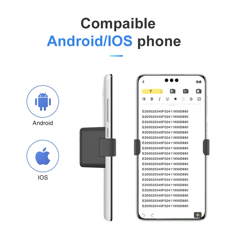 Leitor UHF RFID H100 apresentado em diferentes smartphones para indicar compatibilidade com dispositivos Android e IOS.