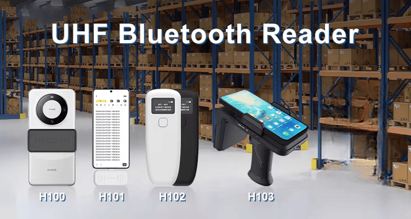 O leitor UHF RFID Bluetooth H101 aparece em uma imagem da linha de produtos junto aos modelos H100, H102 e H103.