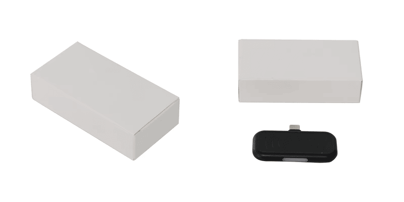 O leitor UHF RFID compacto H101 aparece com duas caixas brancas simples, apresentando o produto e seu conjunto de embalagem.