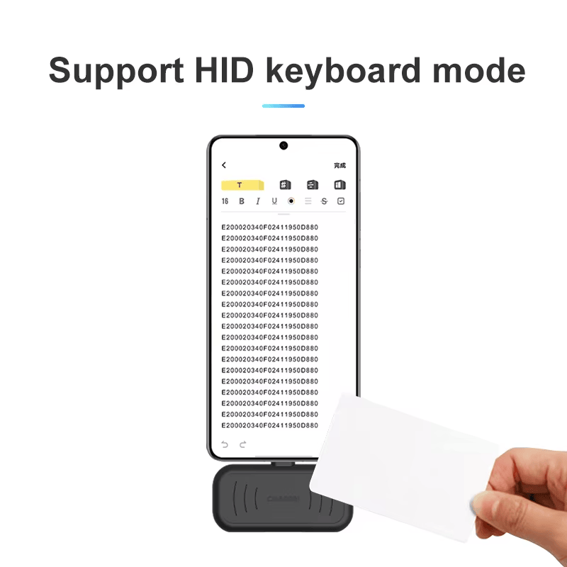 O leitor UHF RFID compacto H101 está conectado sob a tela de um celular para demonstrar a inserção de EPC em formato de teclado durante a verificação de tags.