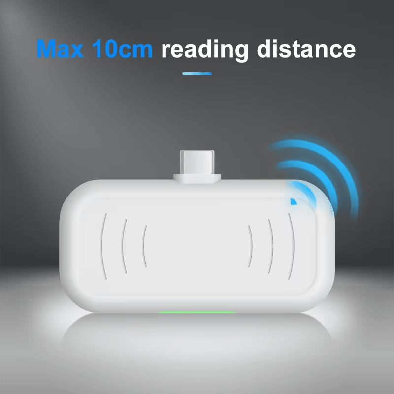 O leitor UHF RFID compacto H101 aparece com ondas azuis de sinal e texto destacando a distância máxima de leitura de 10 cm.