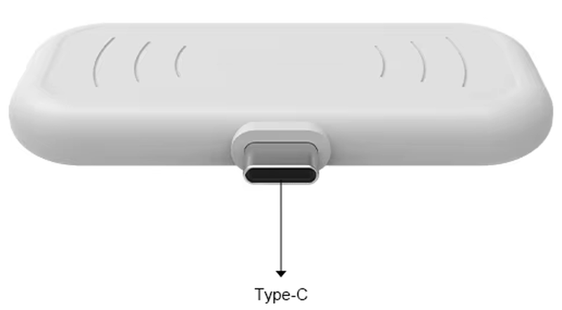O conector Type-C do leitor UHF RFID compacto H101 é mostrado em close na vista inferior, destacando a porta de carregamento e dados.