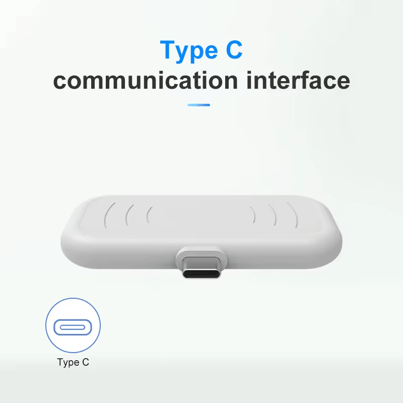 O leitor UHF RFID compacto H101 é exibido em vista de ângulo baixo, com o conector Type-C centralizado sob a carcaça branca.