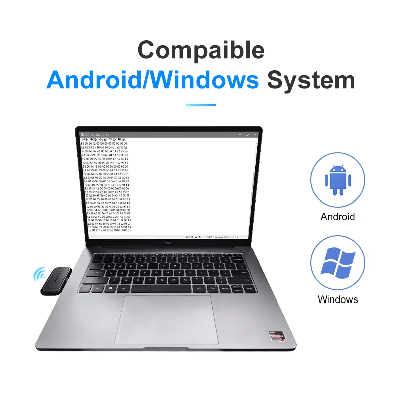 O leitor UHF RFID H101 aparece ao lado de um notebook com ícones Android e Windows para ilustrar a compatibilidade de sistemas na transferência de dados.