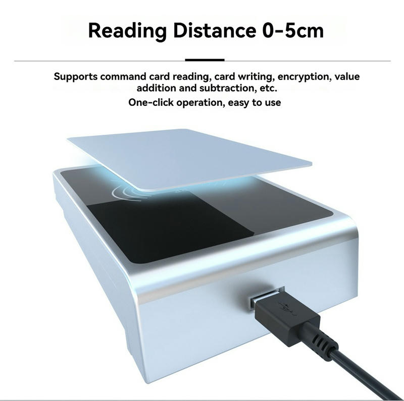 Esta imagem mostra um cartão sobre o leitor RFID HF YMC159-D1 para ilustrar a distância de leitura sem contato e o modo de operação.