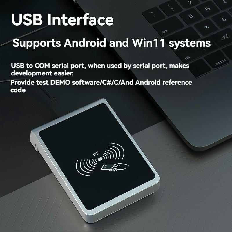 Esta imagem mostra o leitor HF RFID YMC159-D1 sobre uma mesa para ilustrar a interface USB para sistemas Android e Windows.