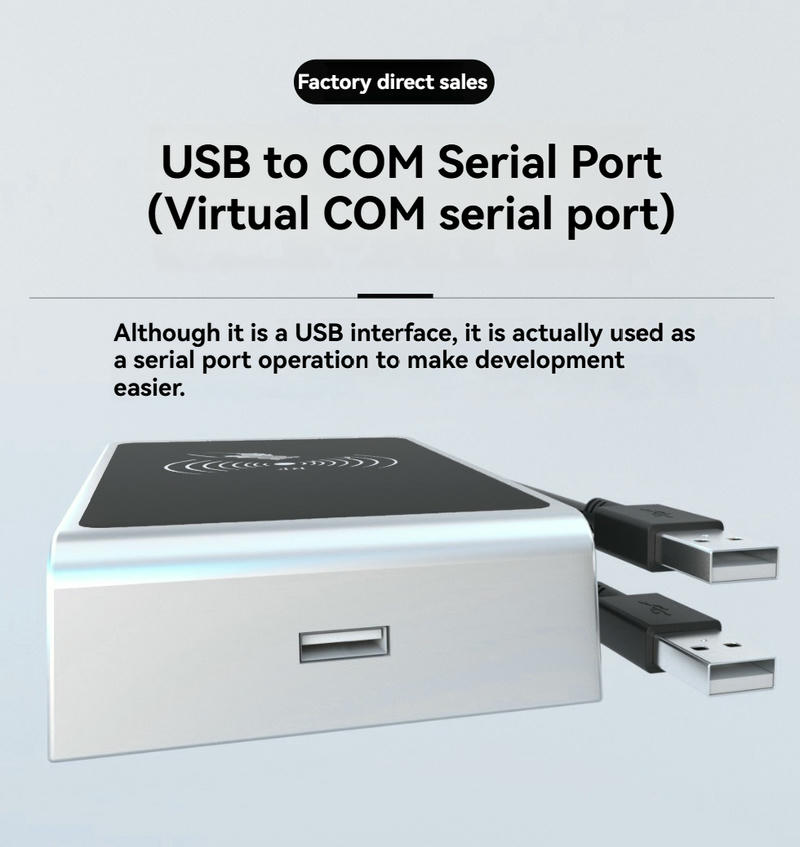 Esta imagem em detalhe mostra a conexão USB do leitor RFID HF YMC159-D1 utilizada como porta série COM virtual para desenvolvimento.