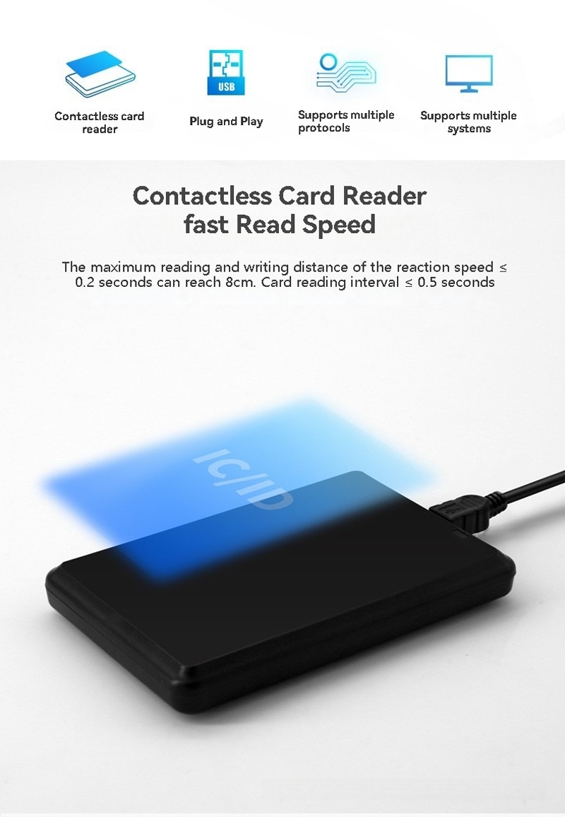 Leitor de controle de acesso de 13,56 MHz para cartões IC com design compacto, adequado a aplicações com leitores RFID HF de 13,56 MHz.