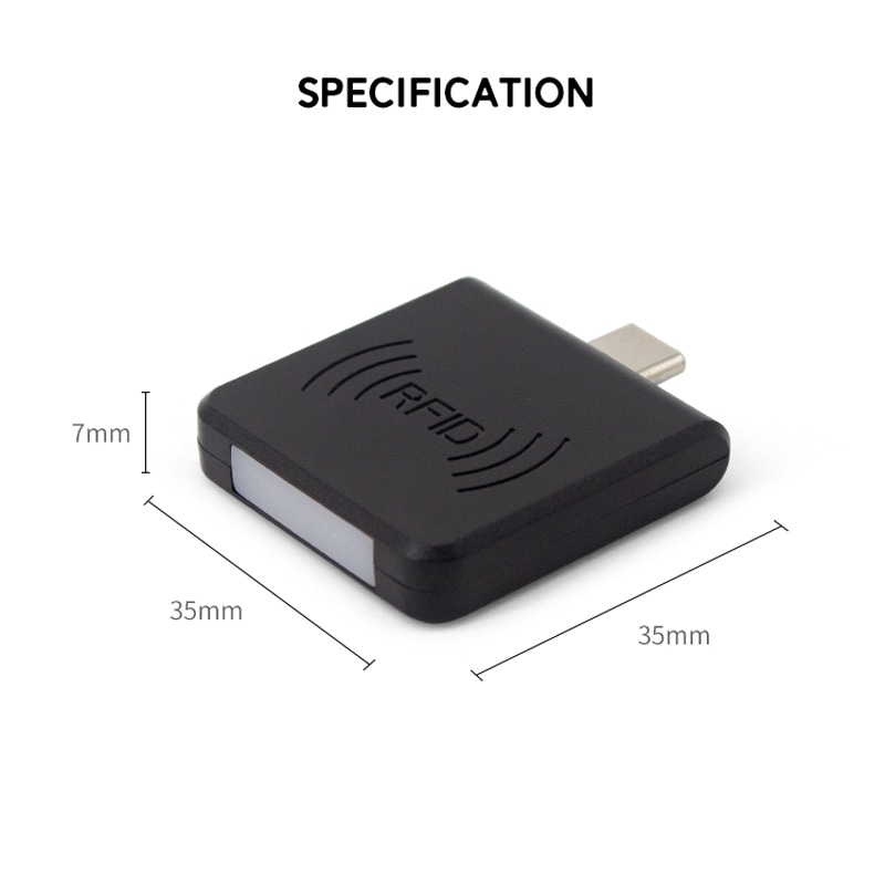 Leitor RFID HF 13,56MHz personalizado para Android mostrado com detalhe claro do chip para aplicações RFID HF 13,56MHz.