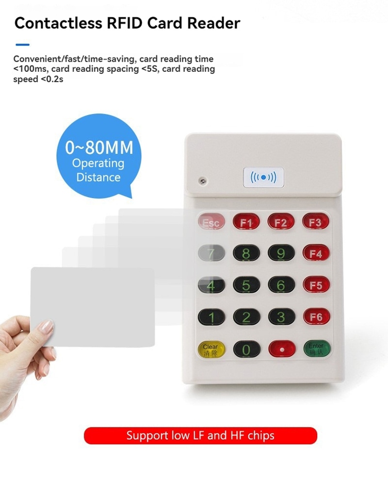 Leitor RFID LF personalizado com teclado seguro mostrado com acabamento de material resistente para compradores que comparam soluções de leitores RFID LF de 125KHz.