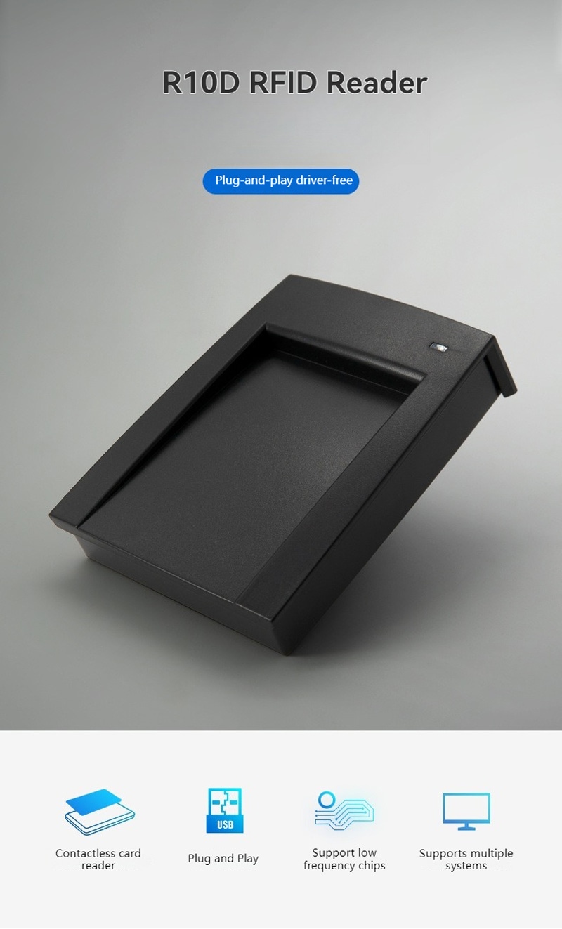 Ilustração detalhada das dimensões compactas do leitor RFID R10D para instalação em mesas e balcões com espaço limitado.
