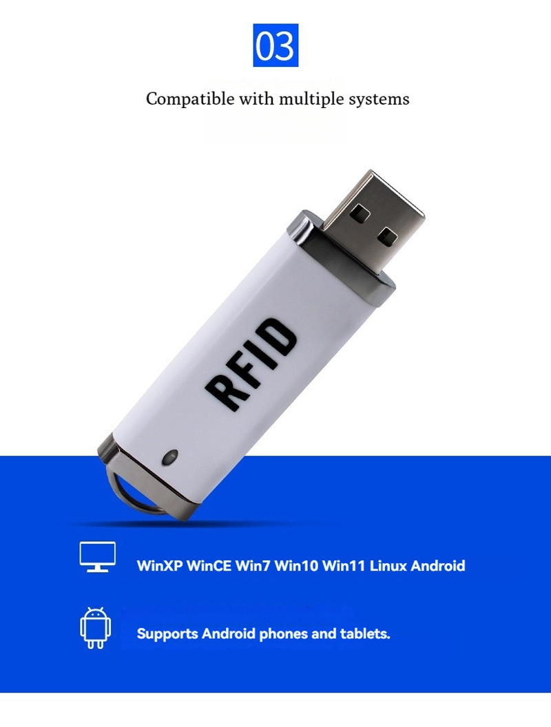 Leitor sem contato 13,56 MHz com área para logotipo em projetos OEM e fornecimento personalizado.