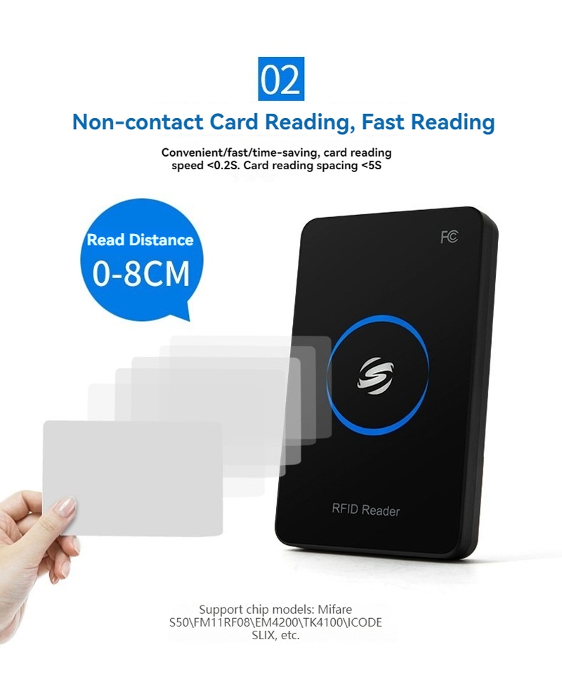 Leitor RFID de mesa 125KHz para captura de UID mostrado com cartão personalizado, para compradores que comparam soluções de leitores RFID LF 125KHz.