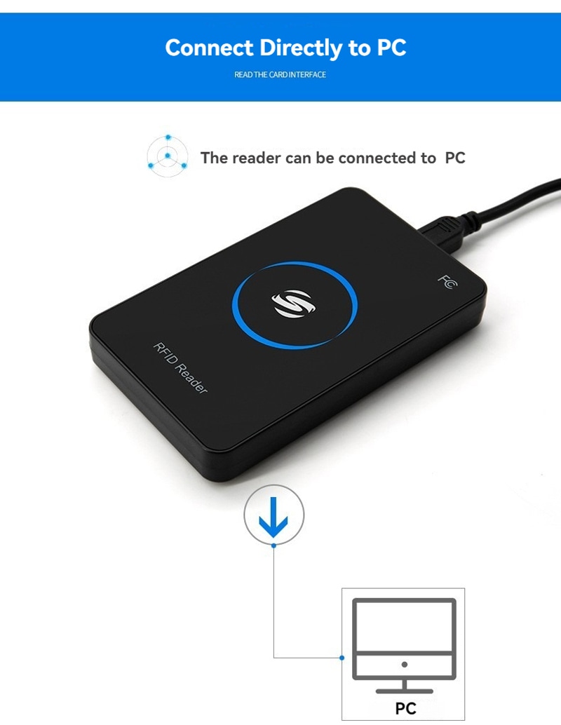 Vista detalhada do leitor RFID de mesa 125KHz para captura de UID em aplicações com leitores RFID LF 125KHz.